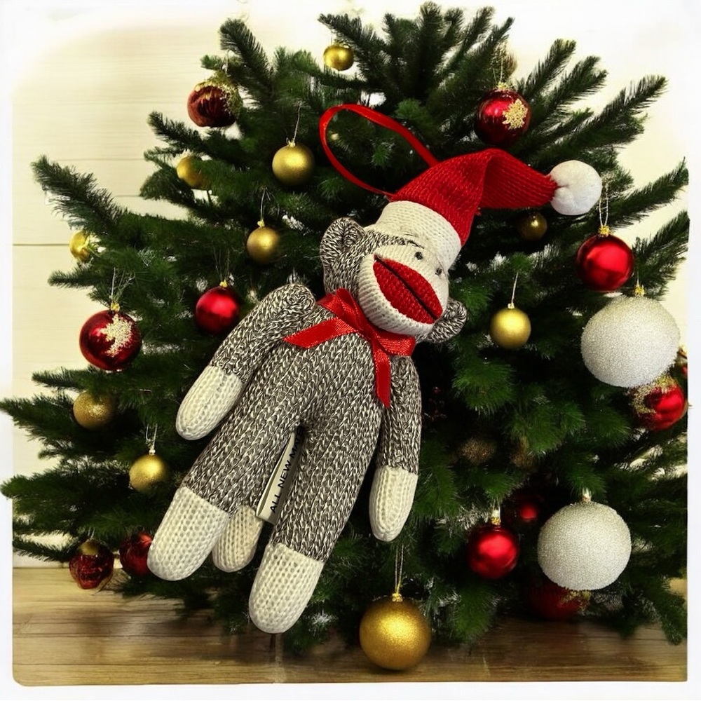 🔴SEASONS OF CANNON FALLS: Small sock monkey knit ornament with Santa hat🔴